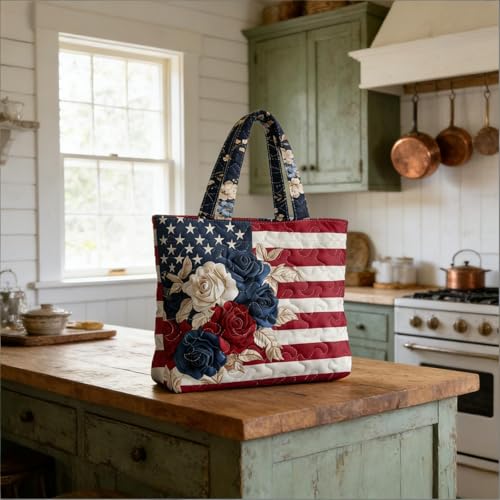 Bolso tote estampado bandera americana floral para mujer miniatura 6
