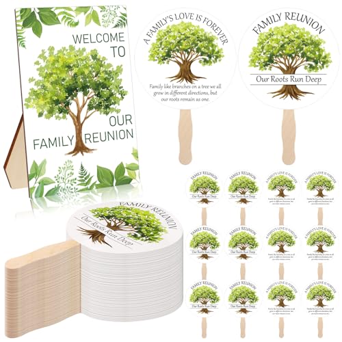 36Pcs Family Reunion Party Favors Fans with 1 Table Sign Wooden Handle Family Reunion Fans Handheld Remembering Our Roots Fans Family Tree Round Handheld Paper Fans Family Reunion Favors