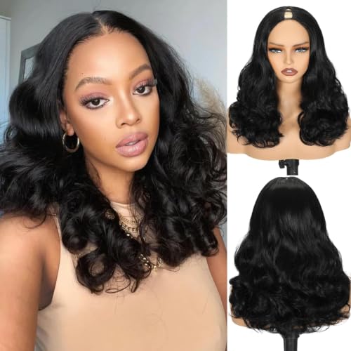 Aisaide V Part Wig Black Yaki Curly Wigs for Black Women Short Afro Curly V Part Synthetic Wear and Go Glueless Wig Natural Black No Leave out Clip in Half Wig 16Inch