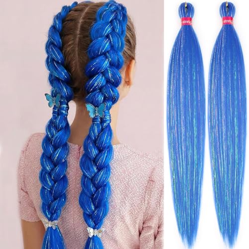 Blue Pre Stretched Braiding Hair with Tinsel 30 Inch Box Braids 2 Packs Synthetic Crochet Braid Neat Yaki Texture Hot Water Setting Hair Extensions