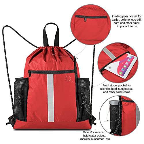 Image of BeeGreen Red Drawstring Backpack Gymsack Bag with Shoe Compartment and Two Side Mesh Pockets Lightweight Durable Sports Cinch Sackpack 1 Pack for Women Men Workout Swim