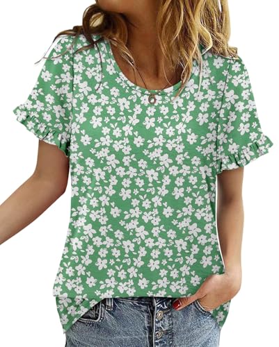 CRAZY GRID Women's Shirts Summer Casual Crewneck Ruffle Short Sleeve Blouses Cute Floral Print Tunic Tops