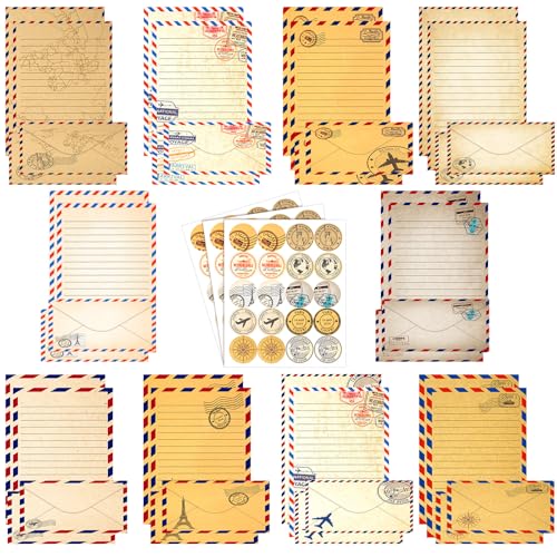 Image of TaoBary 160 Pcs Stationery Paper Set 50 Double Sided Stationery Papers with 50 Matching Envelopes and 60 Round Dot Sticker, 10 Design(Vintage Travel,8.5 x 11 Inch)