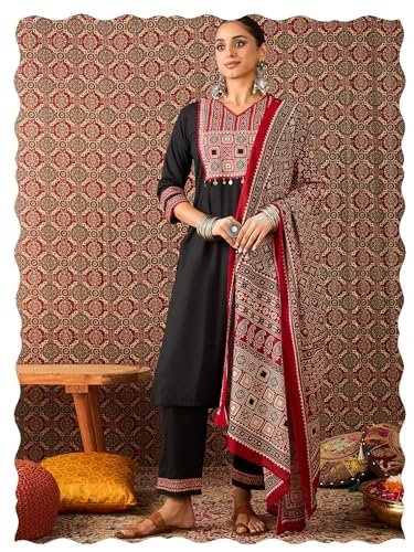 Image of INDO ERA Women's Straight Pure Cotton Floral Self Design Kurta & Pant With Dupatta Set | Kurta Sets For Woman