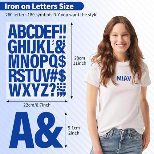 Image of 10 Sheets 440 Pieces Iron on Letters for Clothing, 2 Inch Heat Transfer Letters, Blue Iron on Vinyl Letters with A-Z PU Alphabets Sticker for Fabric, Jersey T-Shirt Printing DIY Craft