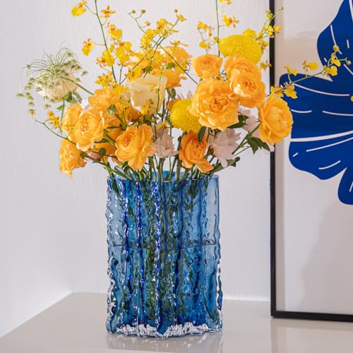 Glass Vase for Centerpieces, Diamond Shaped Vase for Flower, Modern Glacier Glass Vase for Home, Office Restaurant Desk Decor 8.3 Inch(Blue) - Image 7