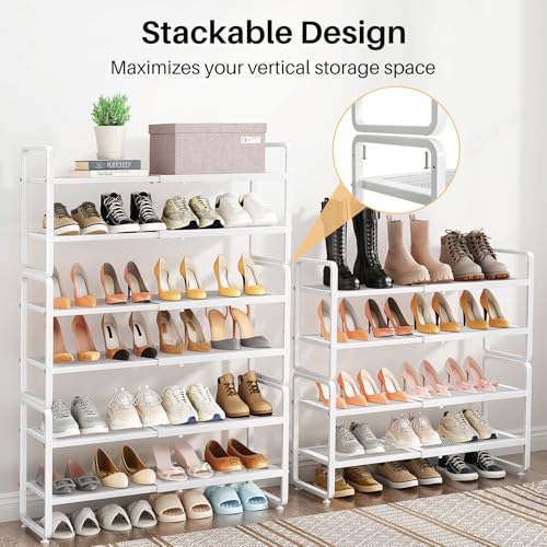 Image of SNTD Shoe Rack - Expandable Shoe Organizer for Closet, Adjustable Metal Shoe Shelf Storage, Stackable Long Shoe Stand Holder for Garage, Entryway, Door Entrance (White, 4-Tier)