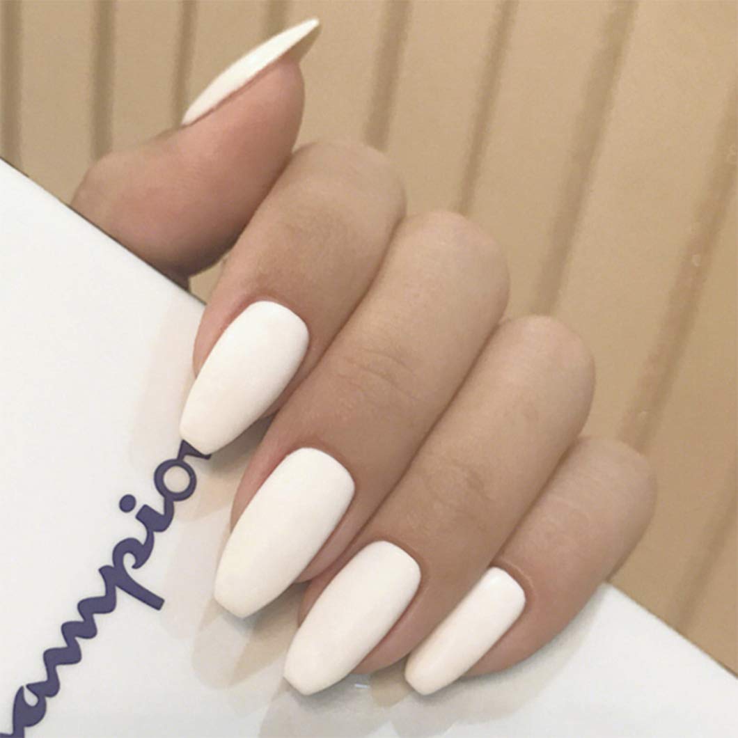 Bohend Coffin Matte Fake Nails Medium Pure Color Ballerina Full Cover Art False Nail Tips 24Pcs for Women and Girls (White)