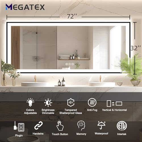 72x32 Large Lighted Bathroom Mirror, Black Rim(Front and Backlit), 3 Colors and Dimmable Vanity Mirror, Tempered Glass, IP54 Enhanced Anti-Fog, Anti-Corrosion, Memory (Horizontal/Vertical)