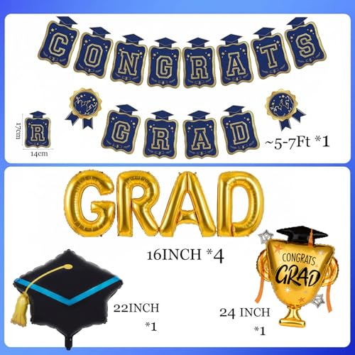 Image of Graduation Decorations 2026 - Navy Blue and Gold Party Supplies Kit & with Banner, Grad Balloons, Table Centerpieces & Hanging Swirls for Class of 2026 Graduate Prom Decorations