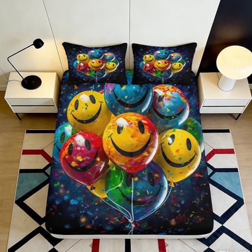 Drap-Housse Smiley Ballon 3D imprimé Microfibre Poche Profonde Antidérapant Linge de Lit Smiley Ballon Protège-Matelas Housse Lavable pour Chambre Adulte...