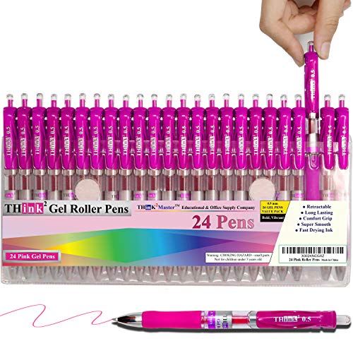 Image of [24 Pens - Pink Ink] Think2 Retractable Gel Pens. (24 Pink) Fine Point (0.5mm) Rollerball Pens with Comfort Grip.