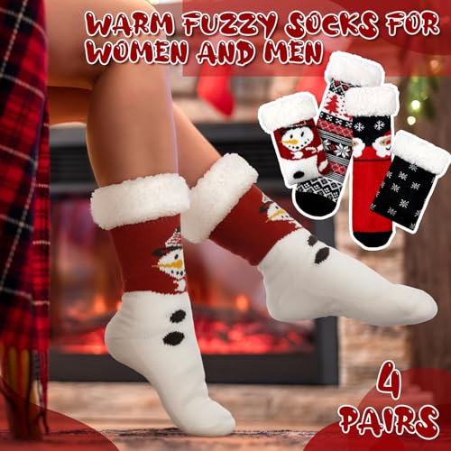 4 Packs Christmas Fuzzy Slipper Socks Xmas Fluffy Sherpa Thermal Socks with Grippers for Women men2
