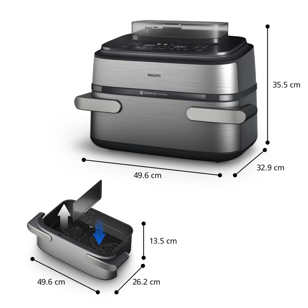 Philips Airfryer 5000 Series Megabasket with Steam - Unique Steamfry, Steam & Airfry - 28 Ways to Cook; 9,5L in Megabasket or 3L + 6L Dual Basket, RapidAir Plus Technology, Auto SteamClean (NA565/92) — view 16