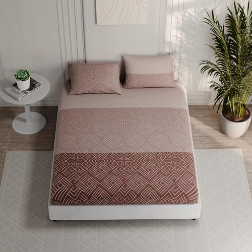Image of BLISSHOME Everlast 150TC King Size Fitted Bedsheet with 2 Pillow Covers, Aesthetic Bedding, Wrinkle Resistant, 100+ Wash Durable, Quick Dry, Geometric Pattern - Brown (183cm x 198cm + 25cm Drop)