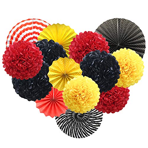 Image of Red Yellow Black Hanging Paper Party Decorations, Round Paper Fans Pom Poms Flowers Set for Mickey Mouse Theme Firetruck Birthday Wedding Graduation Baby Shower