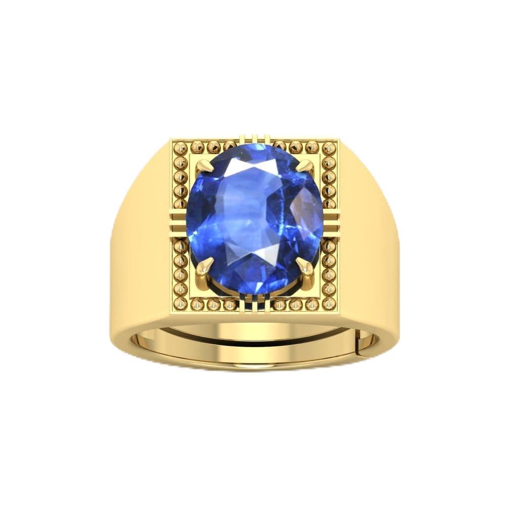 Bague saphir bleu panchdhatu plaqué or anneau ajustable mixte
