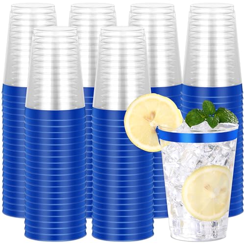 Image of 120 Pcs Blue Plastic Cups,12oz Blue Rimmed Plastic Cups,Heavy Duty Disposable Plastiic Wine Glasses Cocktail Glasses Premium Cup with Blue Rim for Party,Wedding,Christmas