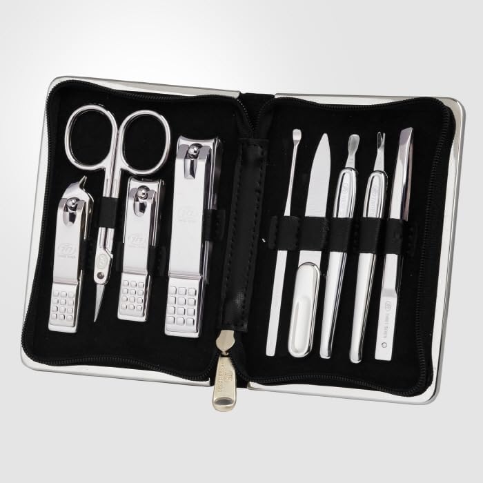 777 Three Seven TS-940C Nail Care Set - 9 Essential Tools, Made in Korea, 50 Years Heritage, Black / Chrome