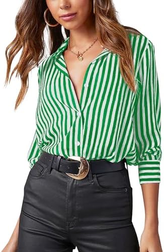 Womens Button-Down Shirts Long Sleeve Wrinkle Free Exquisite Print/Striped Fashion Casual Blouse Top with Pocket
