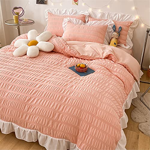 Girls Pink Ruffled Bedding-3 Pieces Queen Seersucker Duvet Cover Textured Stripe Style, Soft Lightweight, Washed Microfiber, Zipper Closure And Ties #TOP6