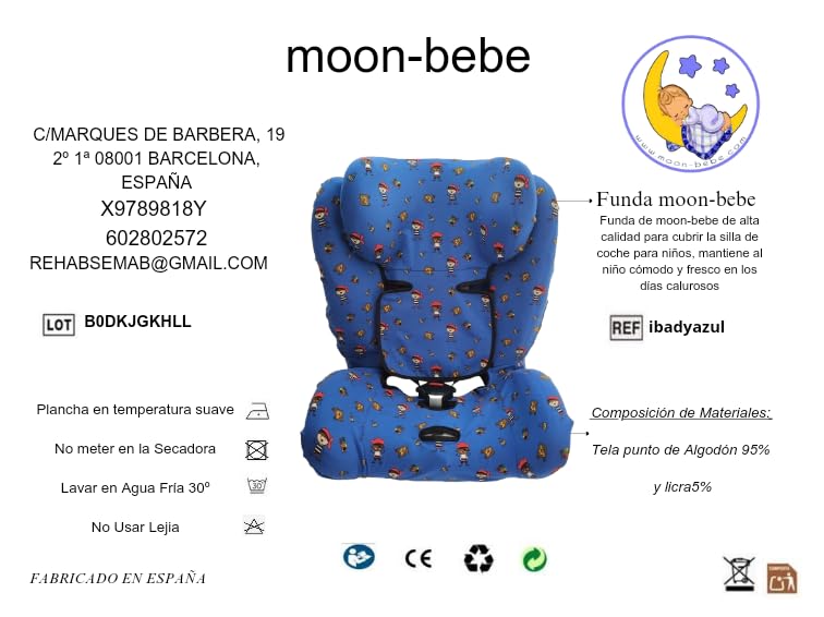 moon-bebe Funda Compatible con Silla de Coche Star Ibaby - Silla de Coche Grupo 0+/1/2/3 Baby Auto Fix NOE (Azul)