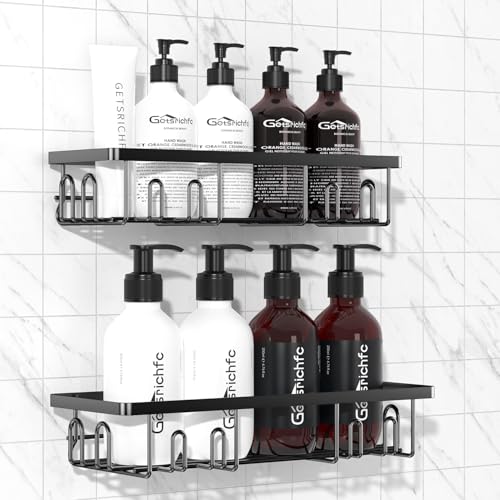 Getsrichfc Adhesive Shower Caddy, Shower Shelves with 16 Hooks, Rustproof Shelf Wall Corner Racks for Inside Bath, No Drilling & Sleek Bathroom Organizers and Storage Caddies Soap Holder, 2 Pack