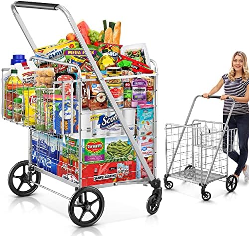 Shopping Cart, 440 lbs Upgrade Super Capacity Grocery Cart Extra Jumbo Double Basket Folding Shopping Cart with 360° Rolling Swivel Wheels Utility Shopping Cart for Laundry, Grocery, Shopping, Baggage