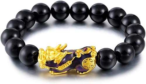 Pulsera chapada en 14 quilates de 0.472 in Feng Shui para hombre, Pixiu Piyao, cambio de color, cuentas negras, pulsera de la suerte, pulsera para