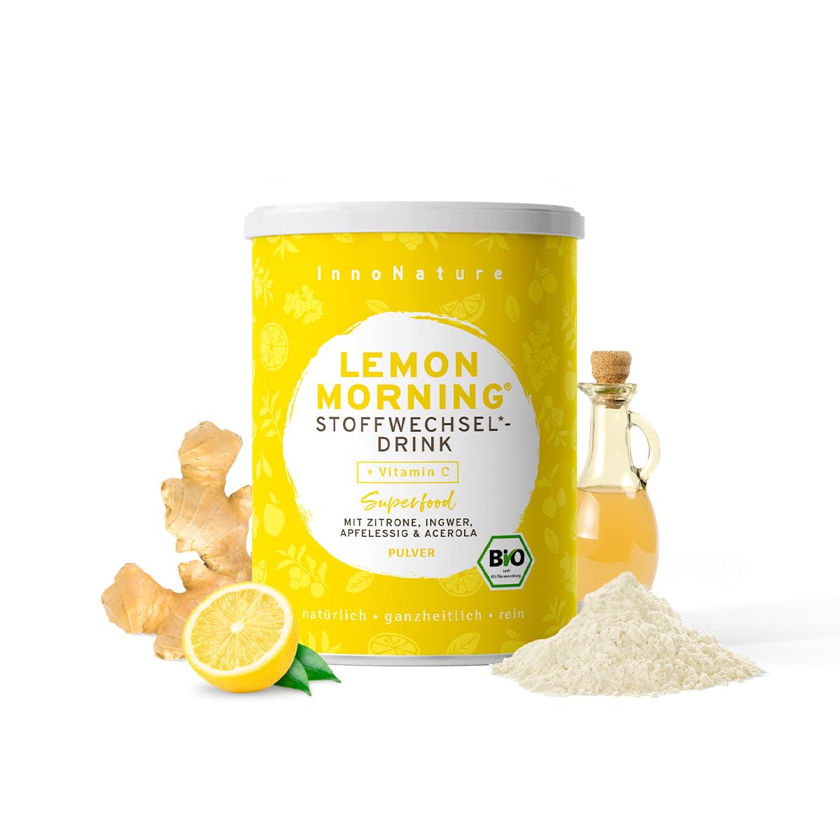 InnoNature Bio Lemon Morning® I Stoffwechseldrink mit Vitamin C, Getränkepulver aus Zitrone, Ingwer, Acerola und Apfelessig I 150g, Vegan ohne Zusatzstoffe