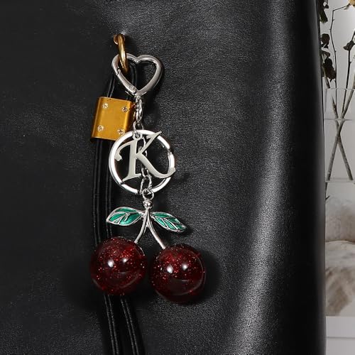 Heart-Shaped Keychain with Initial A-Z and Cherry Charm Bag Charms for Women,Car Accessories