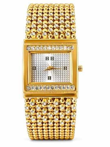 Luxury Gold-Plated Diamond Studded Square Dial Analog Watch for W...