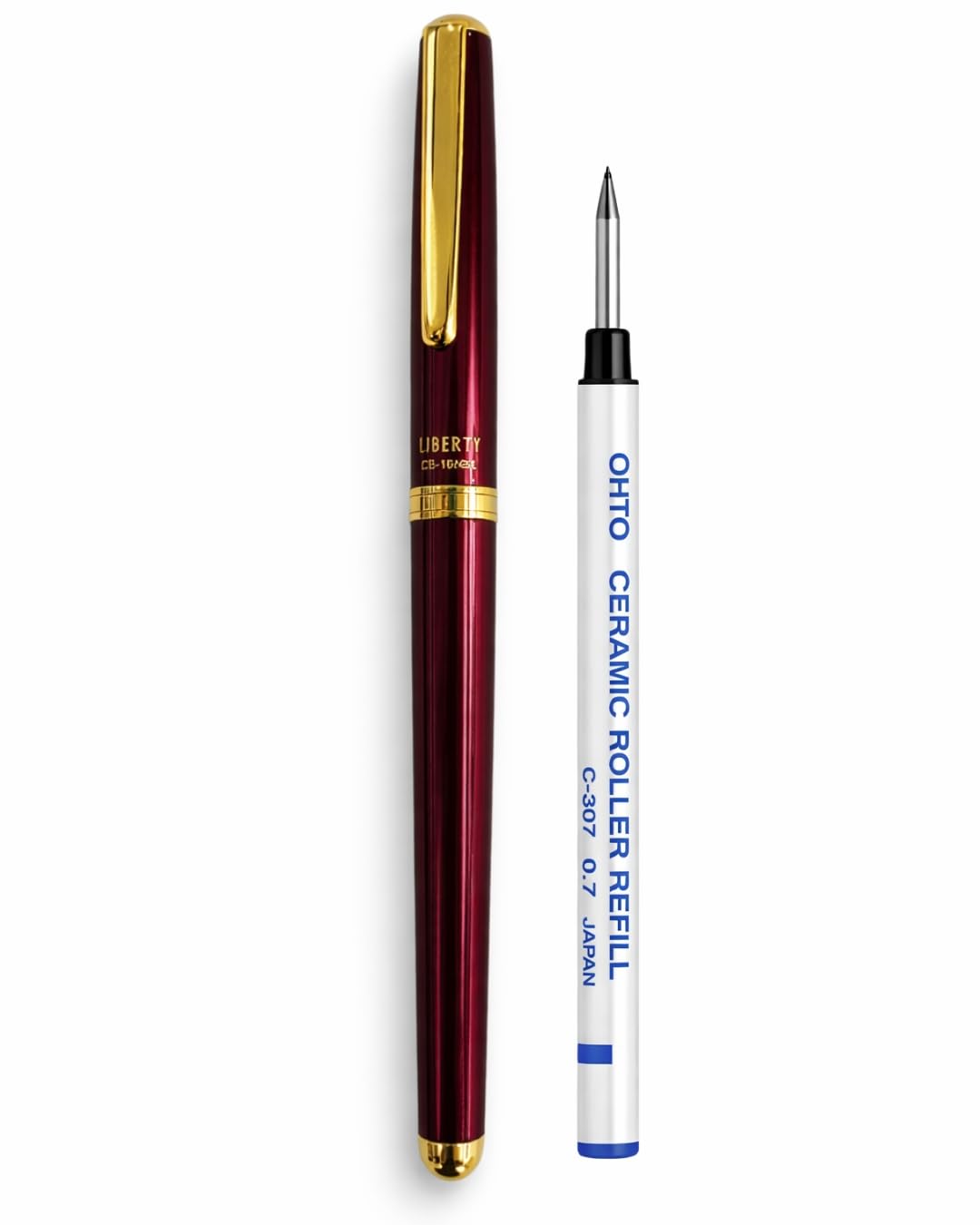 Liberty Ceramic Rollerball Pen - Winered Body with 0.7mm Blue Ink | Refillable Metal Writing Pen with Ergonomic Grip and One Extra Blue Refill - Ideal for Professionals & Students| Made in Japan