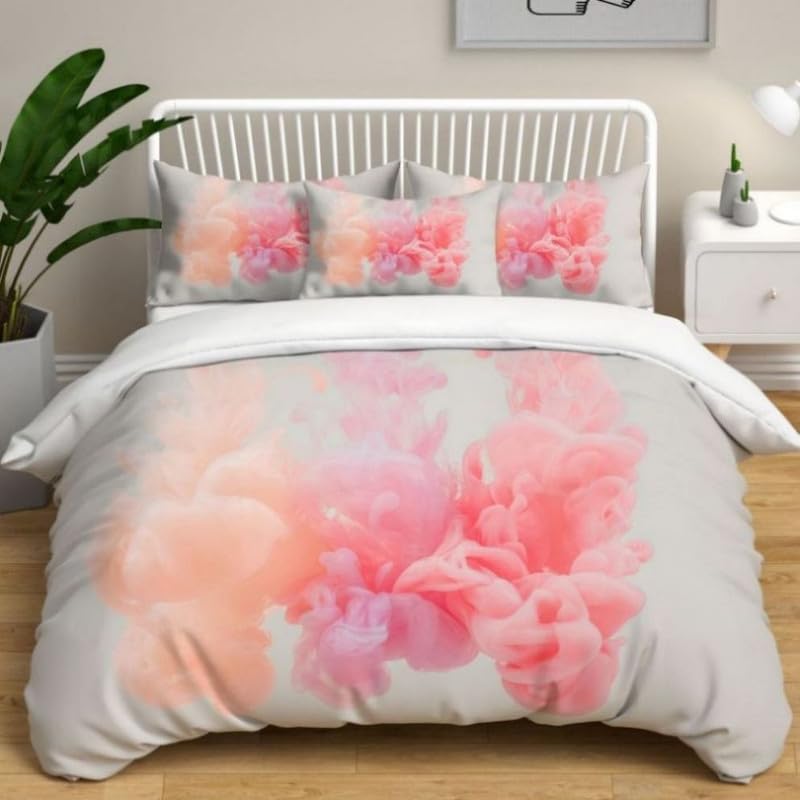 Housse de couette 140x200 rose avec parure de lit 3 pièces impression 3D pour decoration chambre