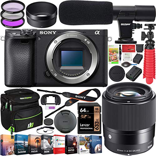 Sony a6400 Mirrorless Camera 4K APS-C Camera Body ILCE-6400B Bundle with Sigma 30mm F1.4 DC DN C Lens + Deco Gear Condenser Microphone + Travel Bag Case + Photo Video Software Kit + Accessories