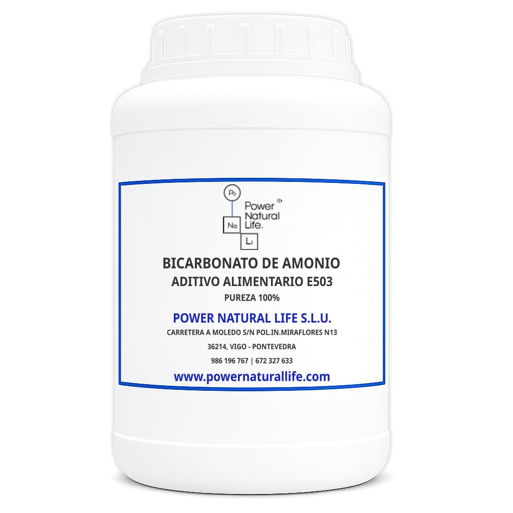Bicarbonato de Amonio en Polvo | Power Natural Life | Bote 1 kg | Aditivo Alimentario E503(ii), Uso Técnico e Industrial | Gasificante, Regulador de Acidez y Agente Tecnológico