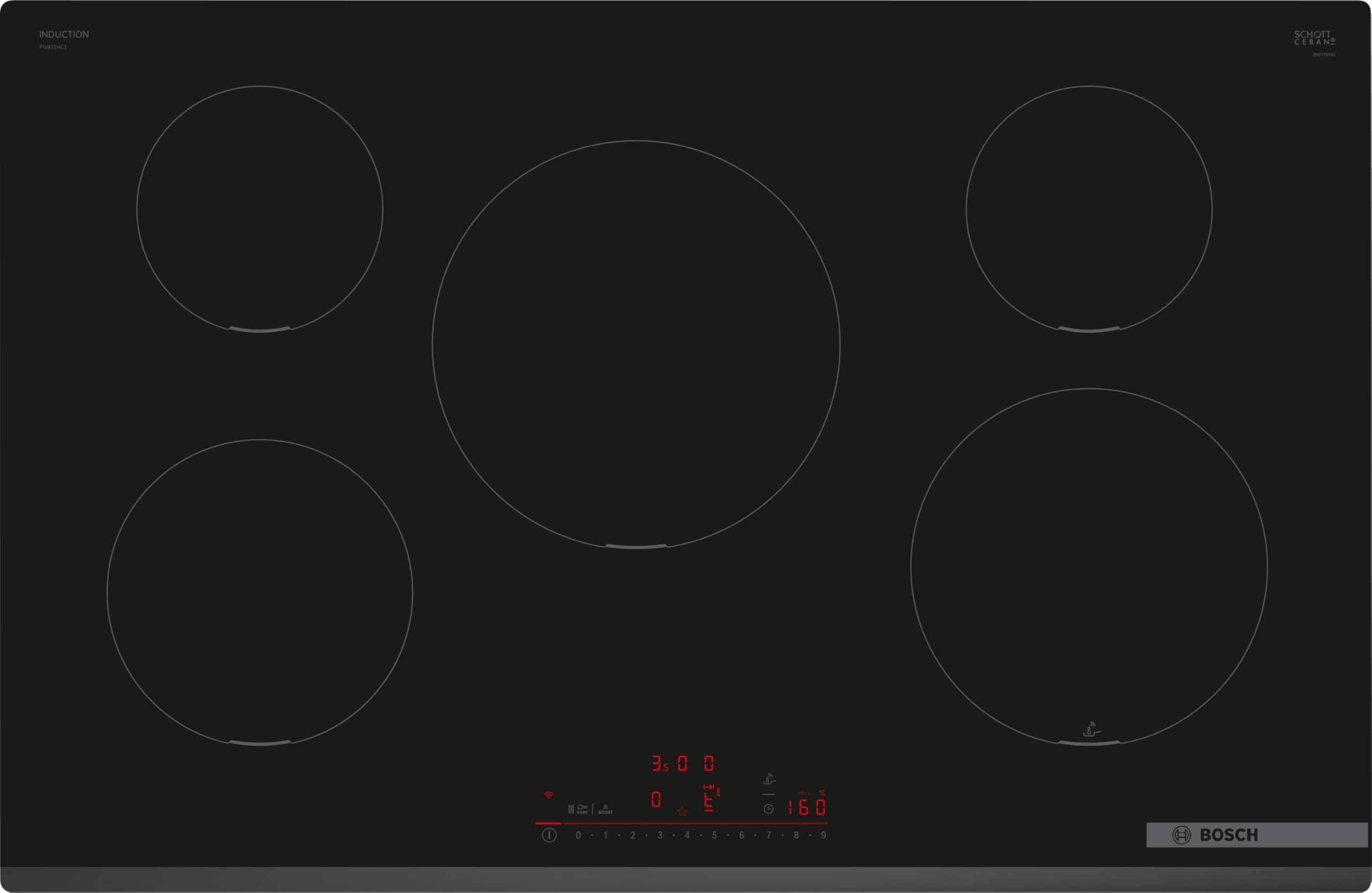 Bosch PIV831HC1E Series 6 Smart Induction Cooktop, Frameless, Range Hood Control, Fry Sensor, Favorite Button, Easy to Use, Power Boost, Quick Start, Black