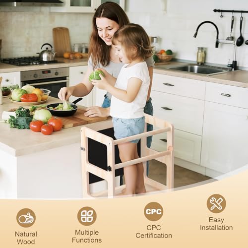 Image of Toddler Kitchen Step Stool, 4-in-1 Foldable Standing Tower with Blackboard, Toddler Step Stool for Bathroom Sink, Kitchen Counter, Ages 18 Months+, 1-3 Year Old Boy Girl Gifts