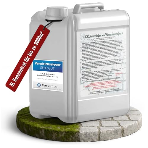 A.K.B. Steinreiniger und Fassadenreiniger S Konzentrat - 5L für 3000m² - Grünbelagentferner für Steine & Fassaden - Hochergiebiger Fassadenreiniger, Terrassenreiniger & Steinreiniger intensiv Aussen