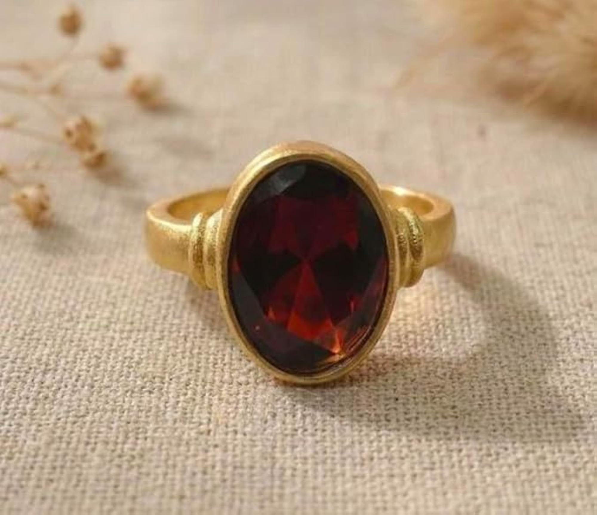 Garnet Stone Adjustable Ring, Antique Gold Finish