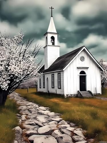 Kit peinture diamant 5D église à la campagne HMDIIMGE 30x40 cm