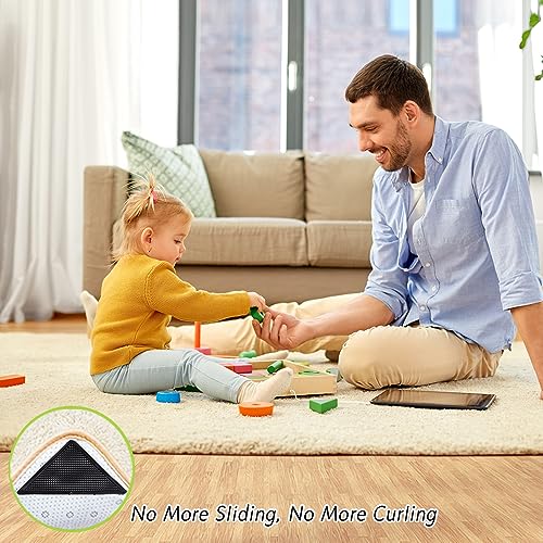 ZC GEL Carpet Stickers (8 Pcs), Anti Slip Rug Holder Reusable Washable Rug Stickers for Area Rugs, Dual Sided Adhesive Rug Stopper Keep Corners Flat (Black)