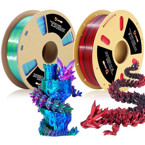 Image of LOVOON Silk PLA Filament 1.75mm, 2KG Bundle 3D Printer Filament, 3D Printing Filament Shiny Change by Angle, Tri Color Blue /Green /Red and Dual Color Black /Red, 1KG X 2 Spools