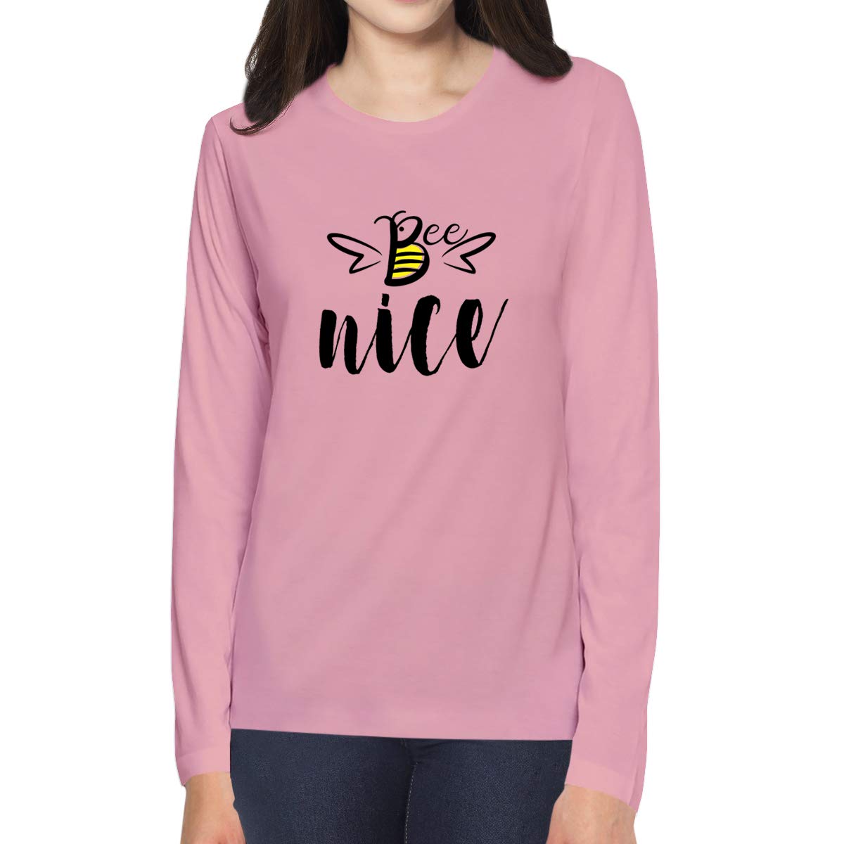 OPLUWomen's Regular Fit Bee Nice Cotton Graphic Printed Round Neck Full Sleeves Trending, Pootlu, Stylish, Honey bee Tees and Tshirts.(Pooplu_BabyPink_X-Large)