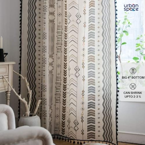 Image of Urban Space 100% Cotton Curtain for Long Door, Boho Decorative Curtains 8 feet with Eyelets and Tieback, Pack of 2 Curtains with 2 Cushion Covers (8 x 4ft, Cushion Cover- 16 x 16 inch, Boho Grey)