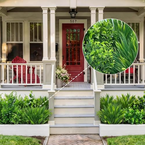 Image of Fake Outdoor Greenery Fake Green Plant Plastic Faux Greenery Stems 24PCS | UV Resistant Mixed Fern Boxwood Monkey Grass for Outdoor Planter Window Box Kitchen Home Decor Indoor