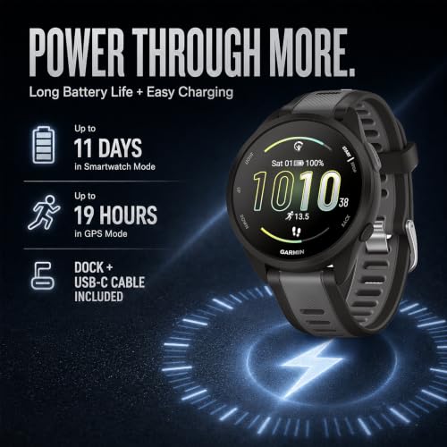 Image of Garmin 010-02863-20 Forerunner 165 Smart Sport Watch, Black + Slate Gray Bundle with Deco Essentials Charging Dock, 3X Silicone Dust Cover and USB Type C Charging and Sync Cable