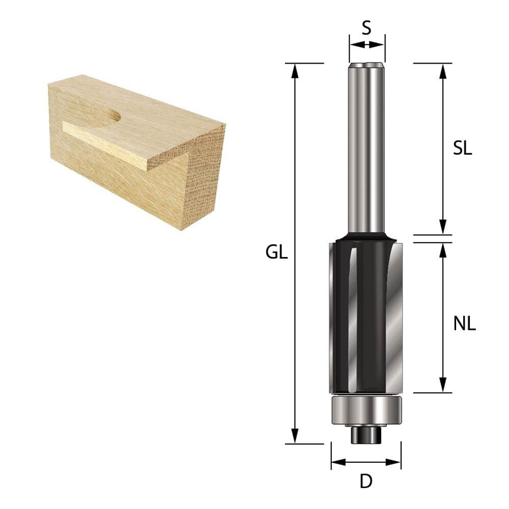 ENT 13502 Bündigfräser HW, Schaft (S) 8 mm, Durchmesser (D) 12,7 mm, NL 25,4 mm, Z3, SL 32 mm, GL 68 mm, mit Kugellager