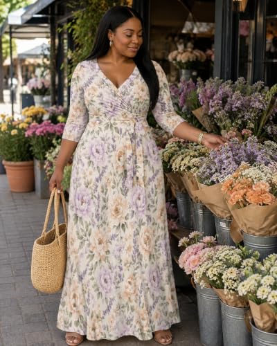 Image of Plus Size Maxi Dress for Women V Neck 3 /4 Sleeve Wrap Dresses