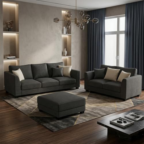 Image of SOCOZI Trevano 5 Seater Sofa Set with Ottoman (3 Seater + 2 Seater + Ottoman) | Soft Velvet Suede Fabric | Plush Comfort Cushions for Living Room (Dark Grey)